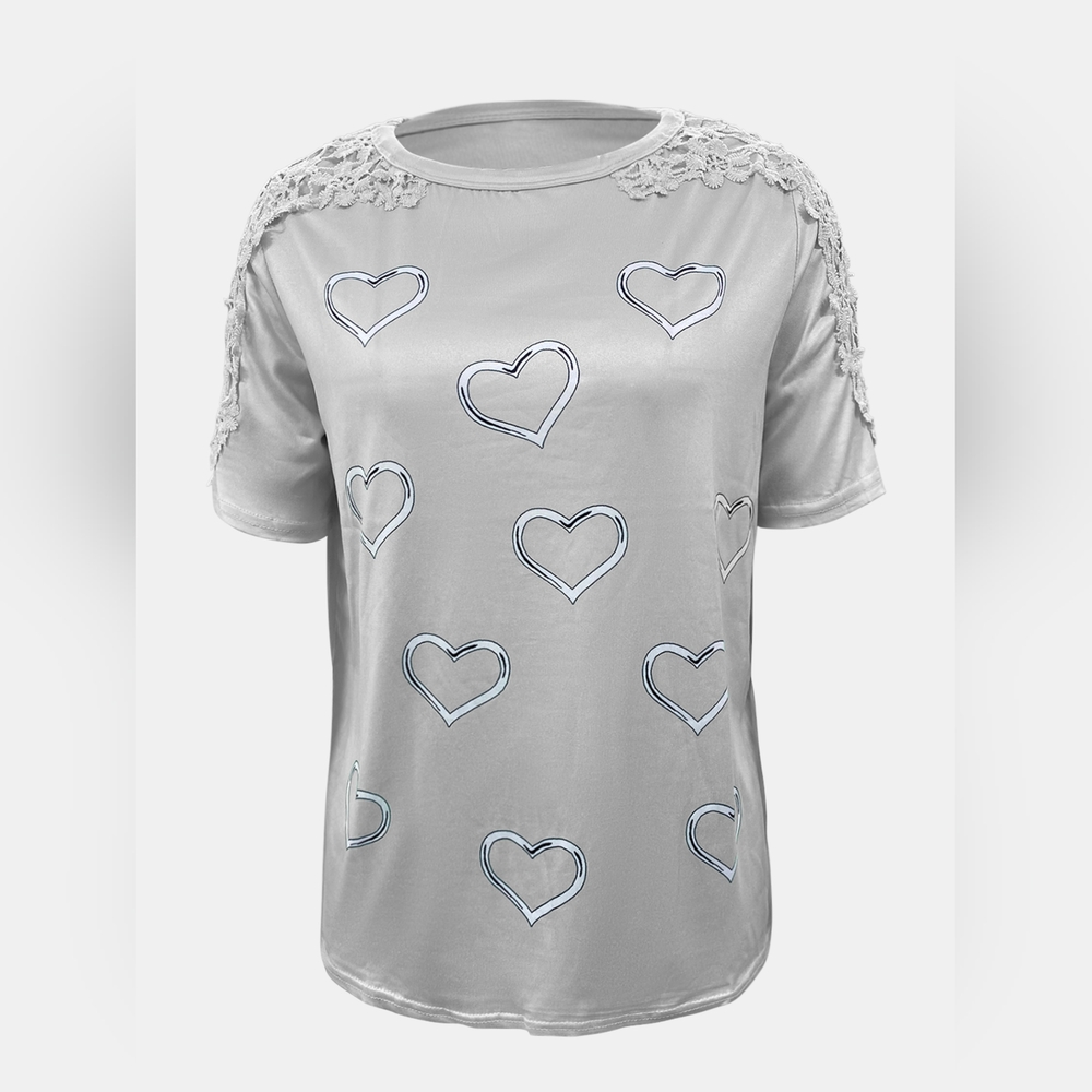 Full Size Lace Detail Heart Round Neck Short Sleeve Top - Picture 3 of 5